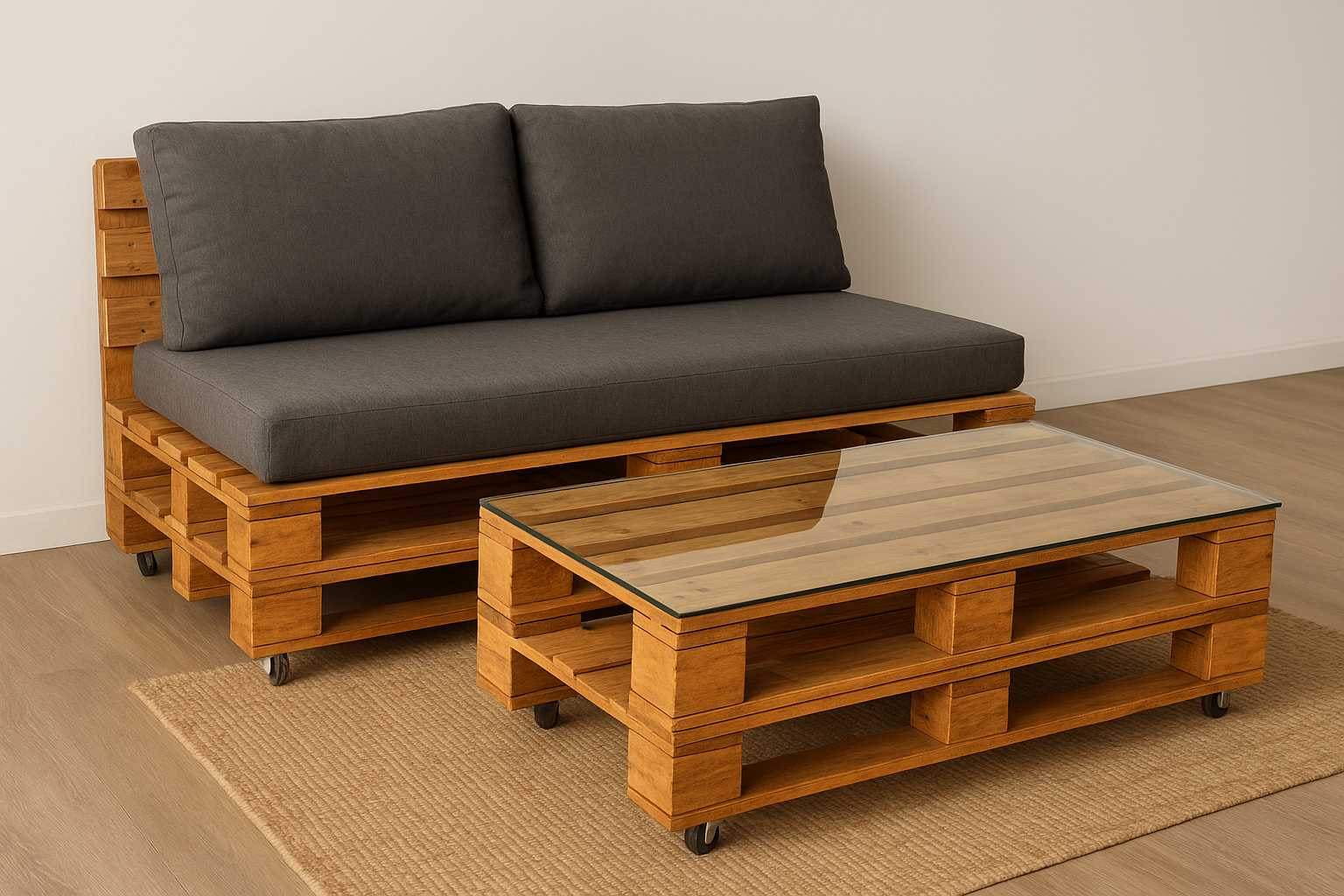 Rustic Wooden Pallet Sofa and Coffee Table in Minimalist Living Room chair against wall