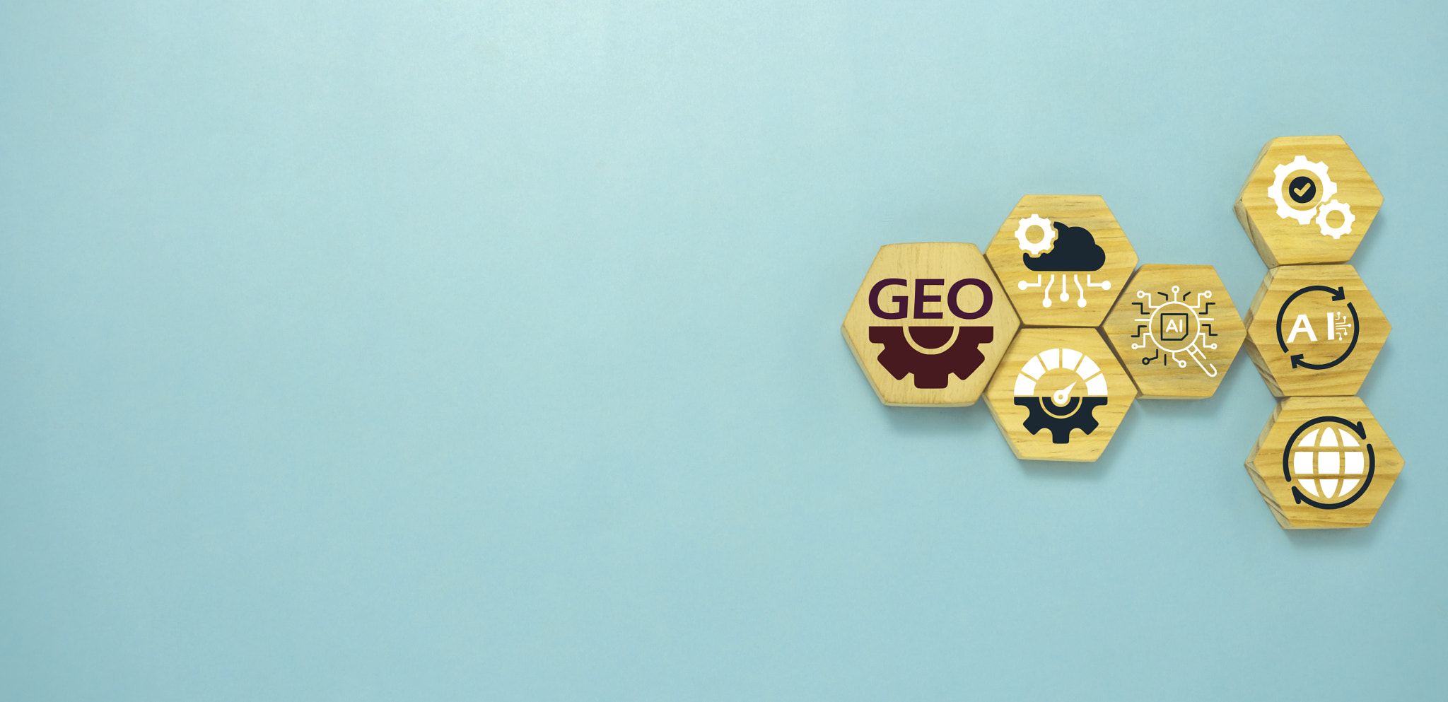Generative Engine Optimization GEO Concept with AI and Search Icons on Wooden Hexagon Blocks,