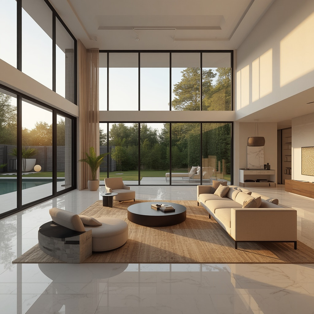 Luxury Villa Living Room with Pool View and Floor to Ceiling Windows - Premium Property