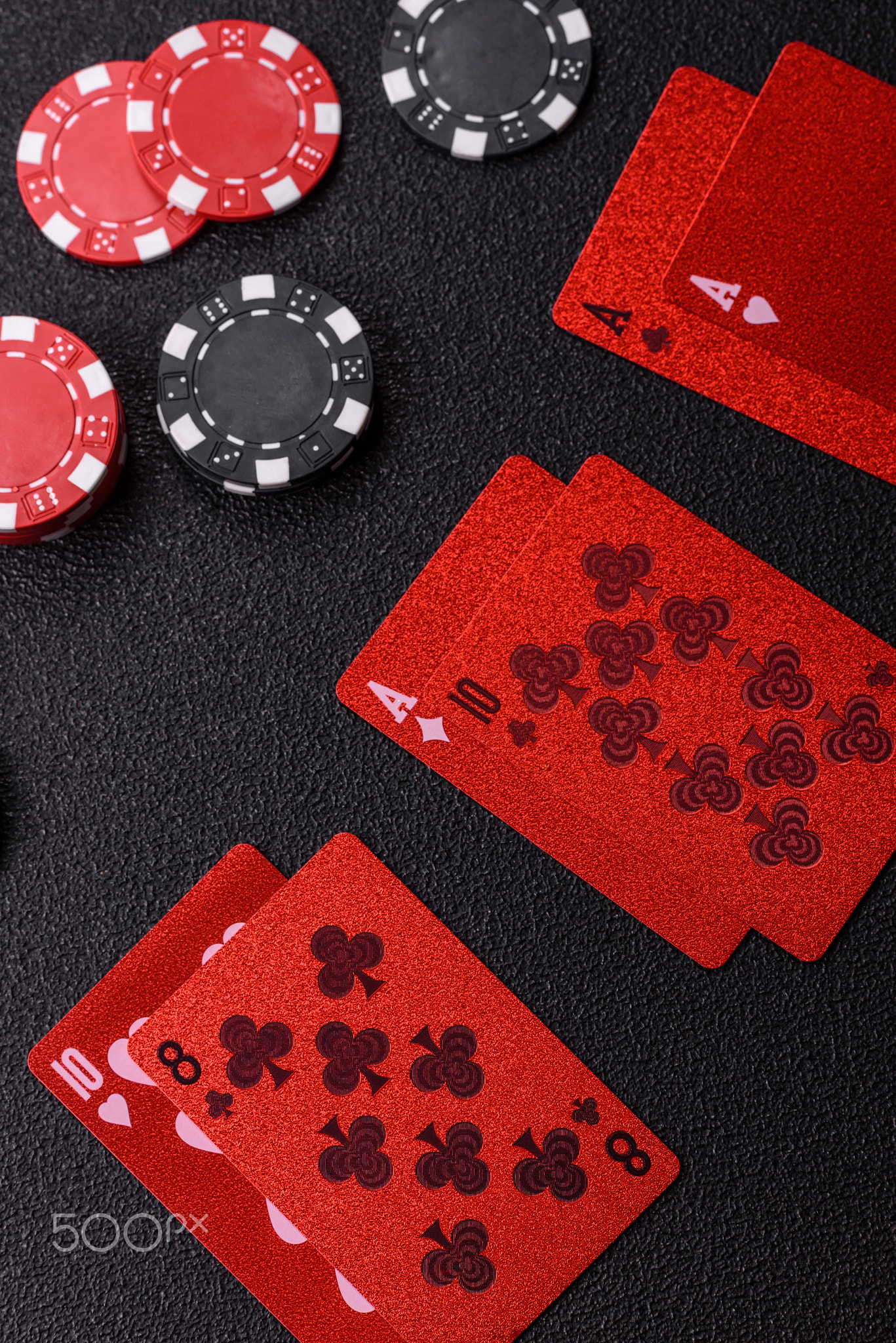 Casino, cards and chips on a colored background, poker and blackjack. Cards and chips