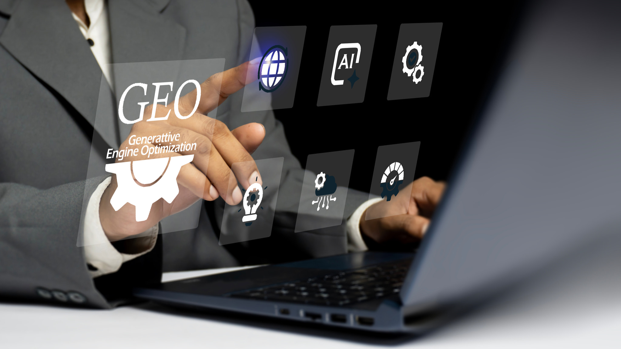 A business person using laptop with Generative Engine Optimization (GEO) Strategy and AI Search.