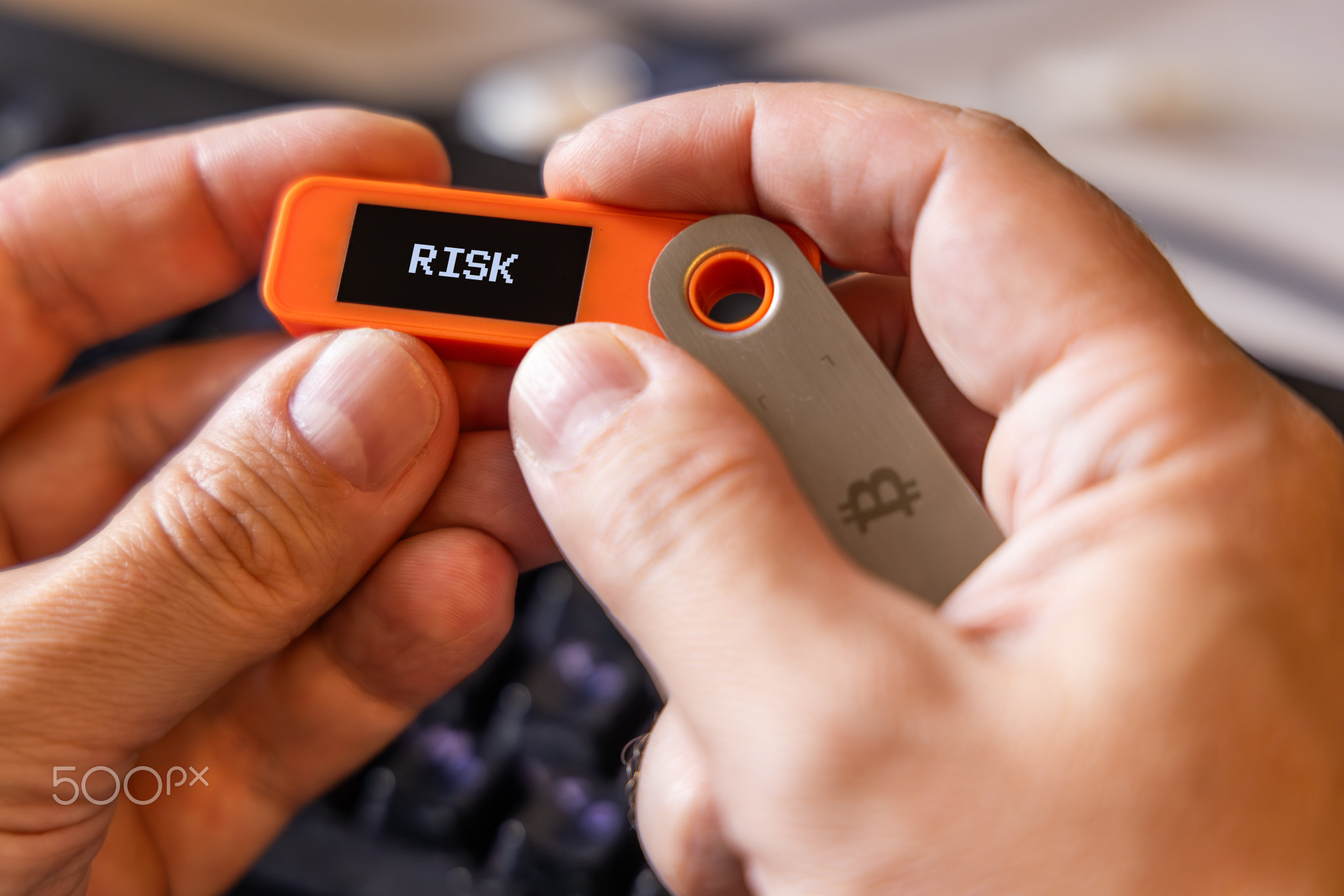 hardware Bitcoin wallet in a hands with message RISK on screen