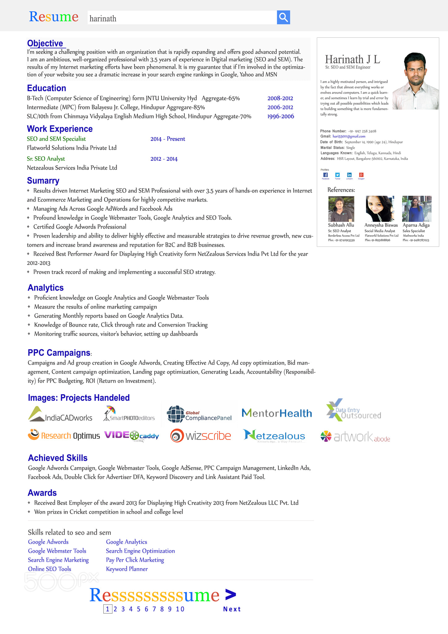 Harinath SEO and SEM Specialist Resume