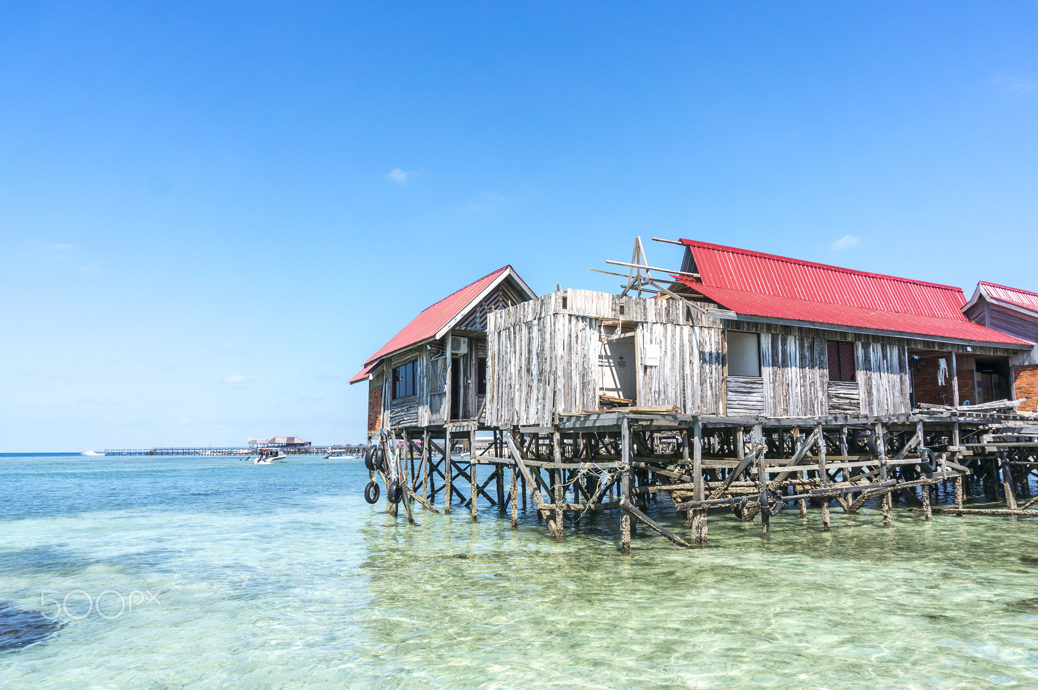 Water bungalows under renovation at Mabul Island in Borneo, Malaysia