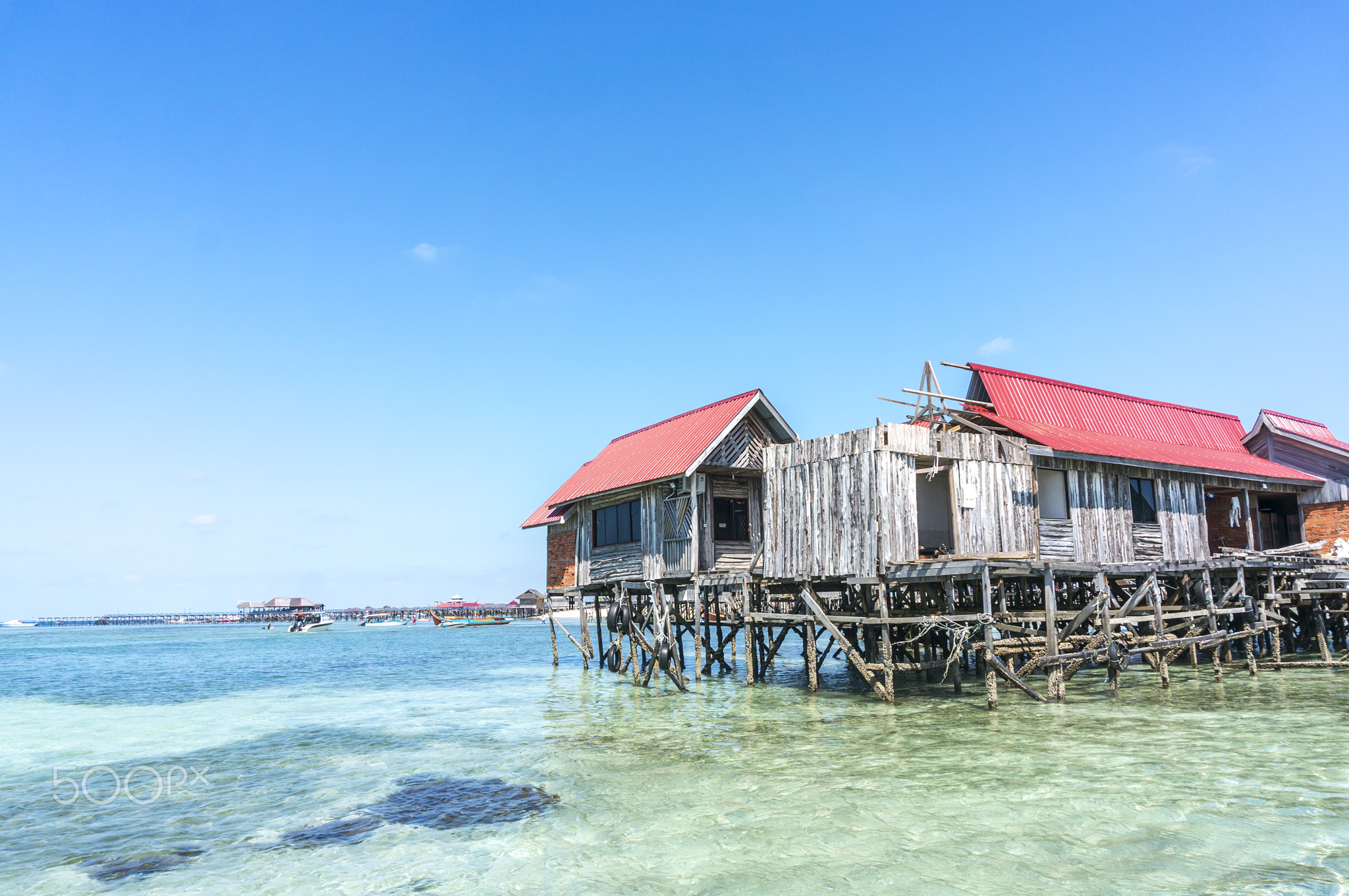 Water bungalows under renovation at Mabul Island in Borneo, Malaysia