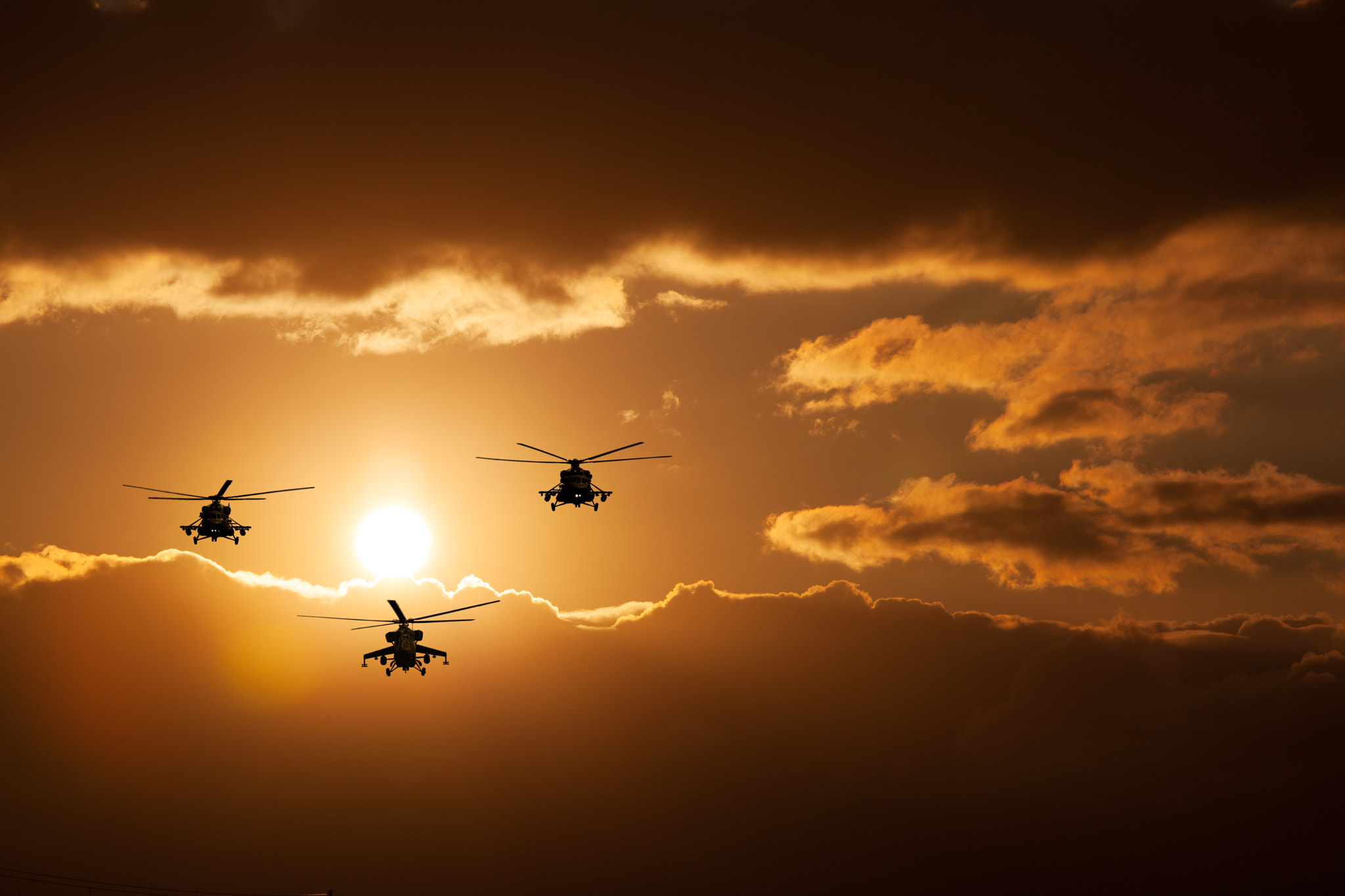 Group combat helicopters, Mi-24, Mi-8, warm sunset