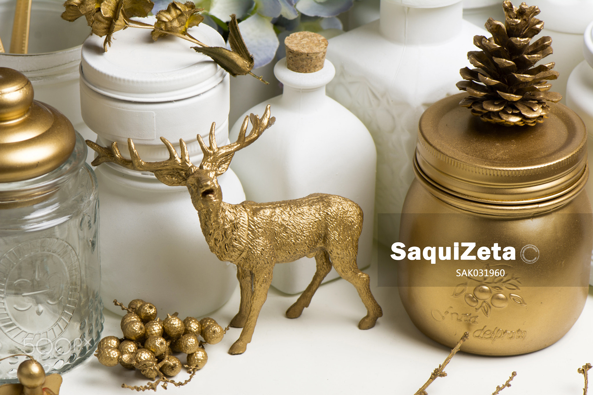 Christmas home decoration in golden and white colors