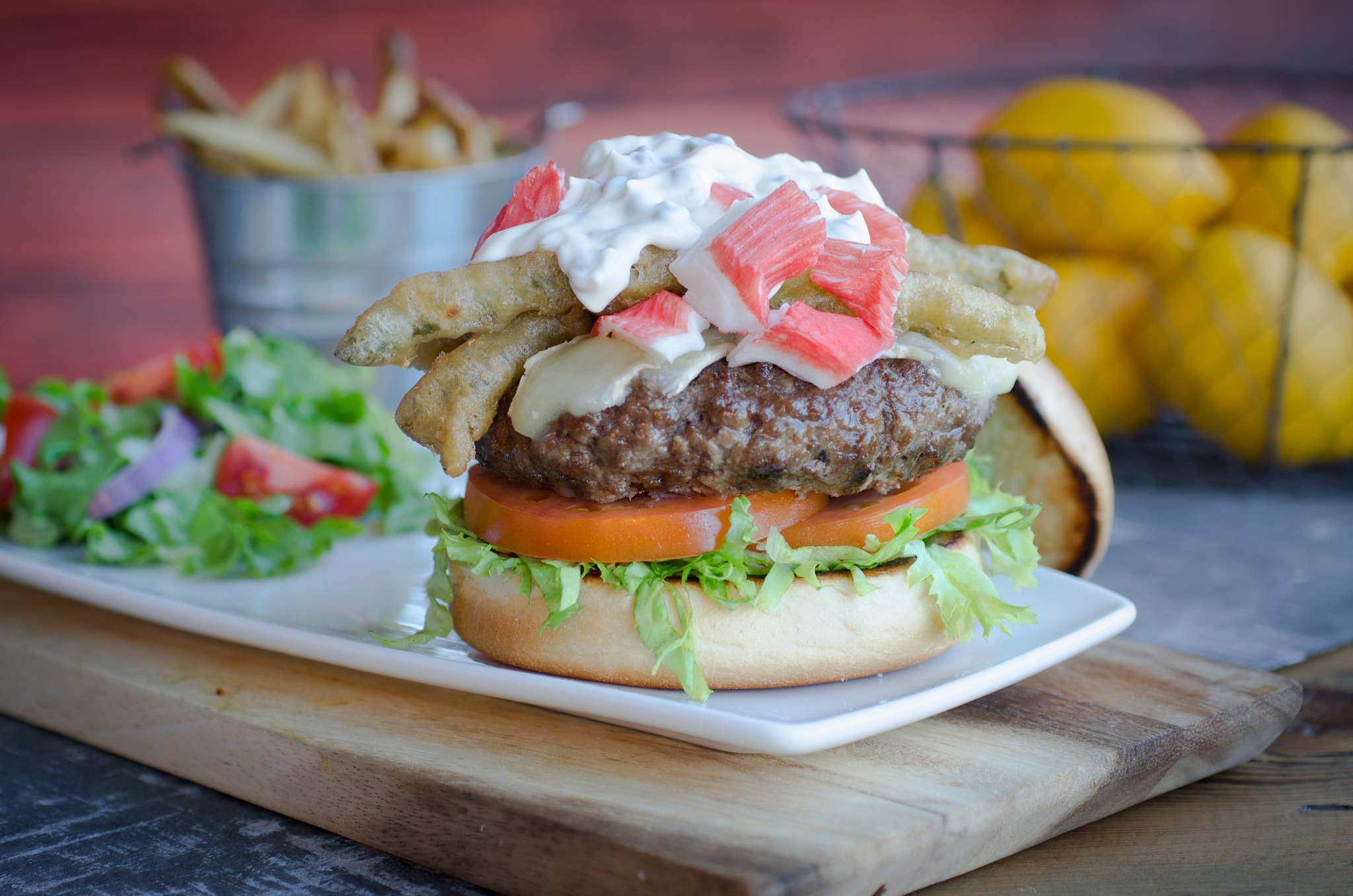 Nikon D7000 + Sigma 50mm F2.8 EX DG Macro sample photo. Jake melnicks burger of the month - surf & turf photography