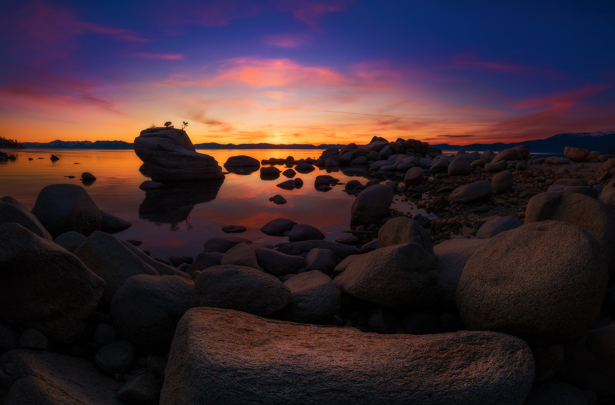 Nikon D810 + Samyang 12mm F2.8 ED AS NCS Fisheye sample photo. Bonsai rock in lake tahoe at dusk photography