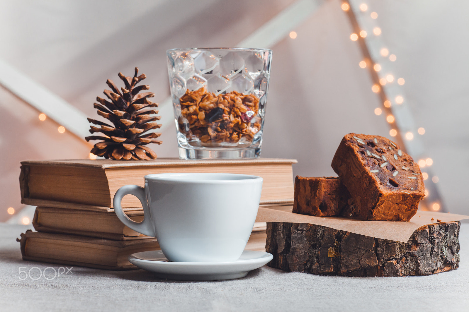 Canon EF 100mm F2.8 Macro USM sample photo. Composition books, bump, chocolate cake and cup of coffee on light background photography