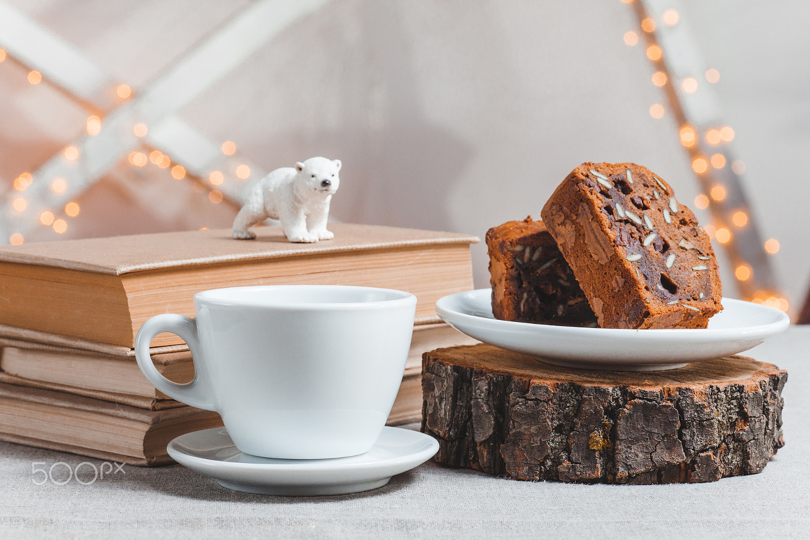 Canon EF 100mm F2.8 Macro USM sample photo. Composition books, polar bear, chocolate cake and cup of coffee on light background photography