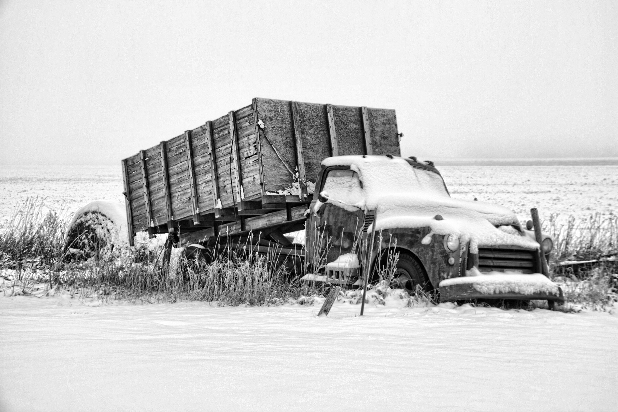 Canon EOS 500D (EOS Rebel T1i / EOS Kiss X3) + Canon EF-S 18-135mm F3.5-5.6 IS STM sample photo. Black and white farm truck photography