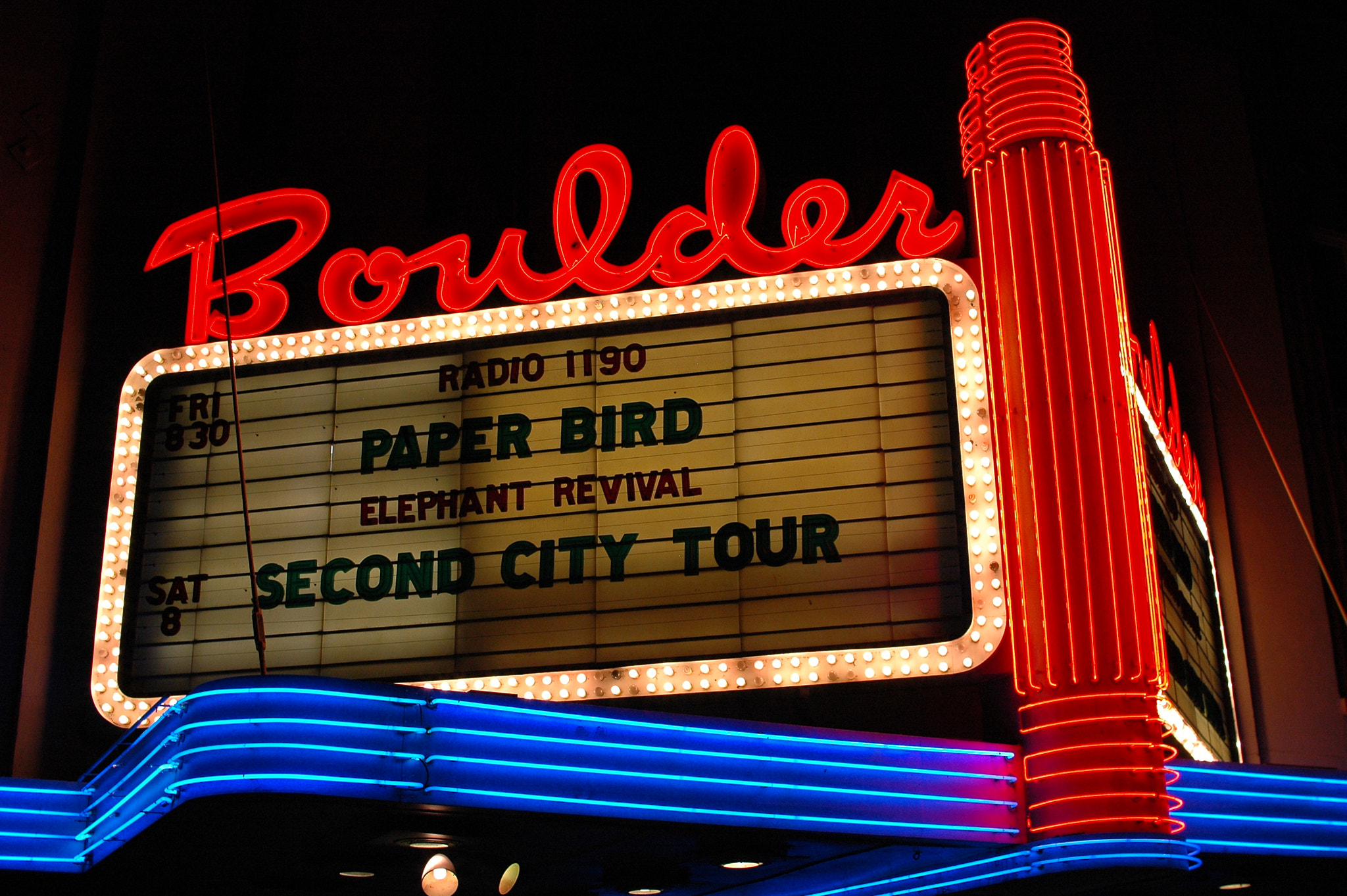 Nikon D70 + Sigma 30mm F1.4 EX DC HSM sample photo. Boulder theater marquee--paper bird photography