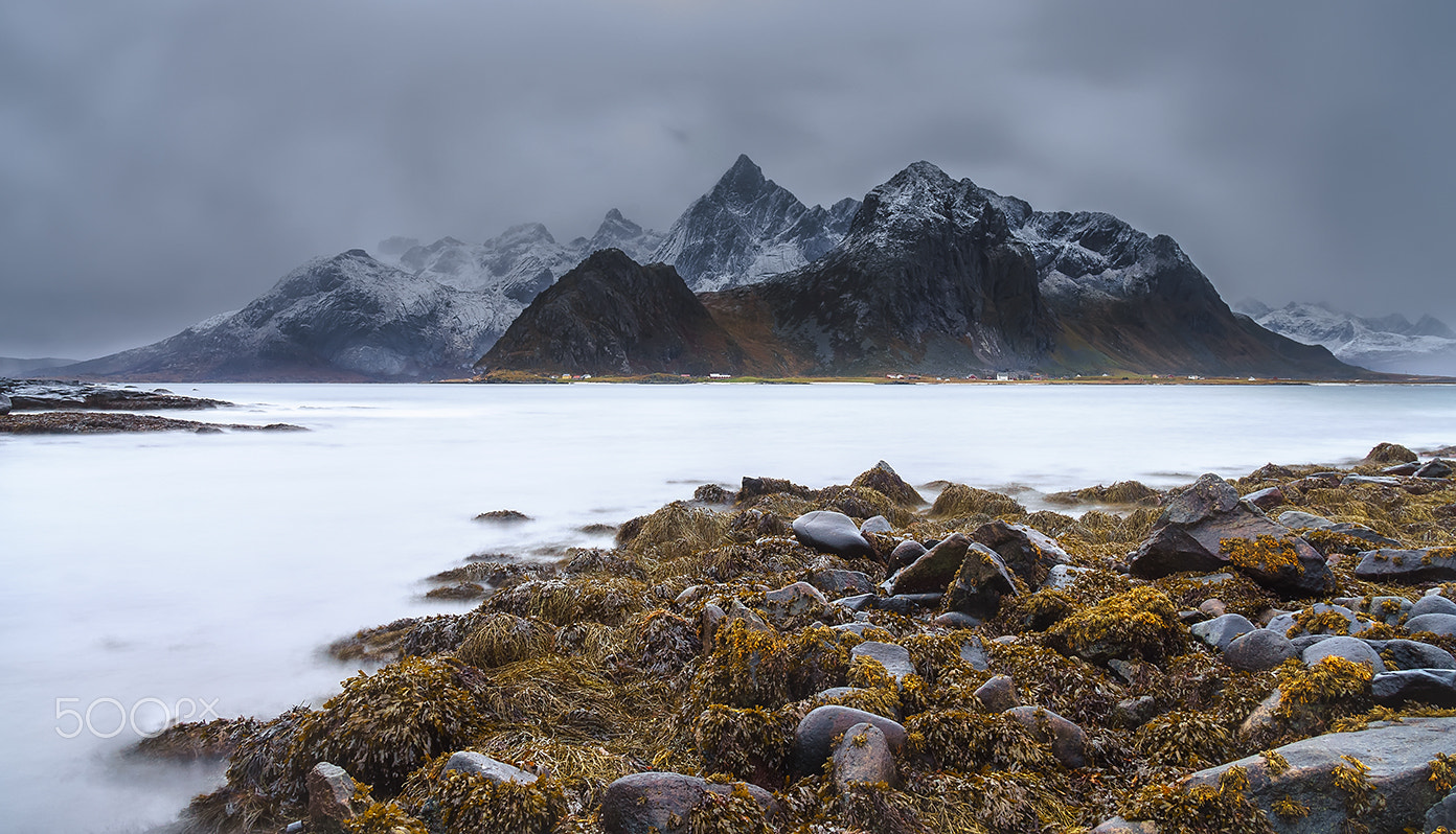 Sony a7R + Sony Vario-Tessar T* E 16-70mm F4 ZA OSS sample photo. Lofoten snowing in vareid dsc photography