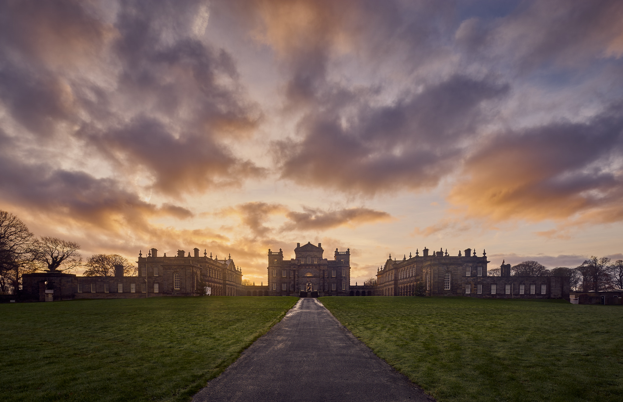 17mm F4 G sample photo. Sunrise over seaton delaval hall photography