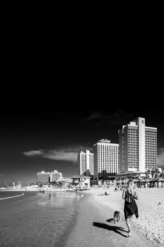 Nikon PC-E Nikkor 24mm F3.5D ED Tilt-Shift sample photo. Israel, tel aviv, beach on sunny winter day - woman and dog walk photography