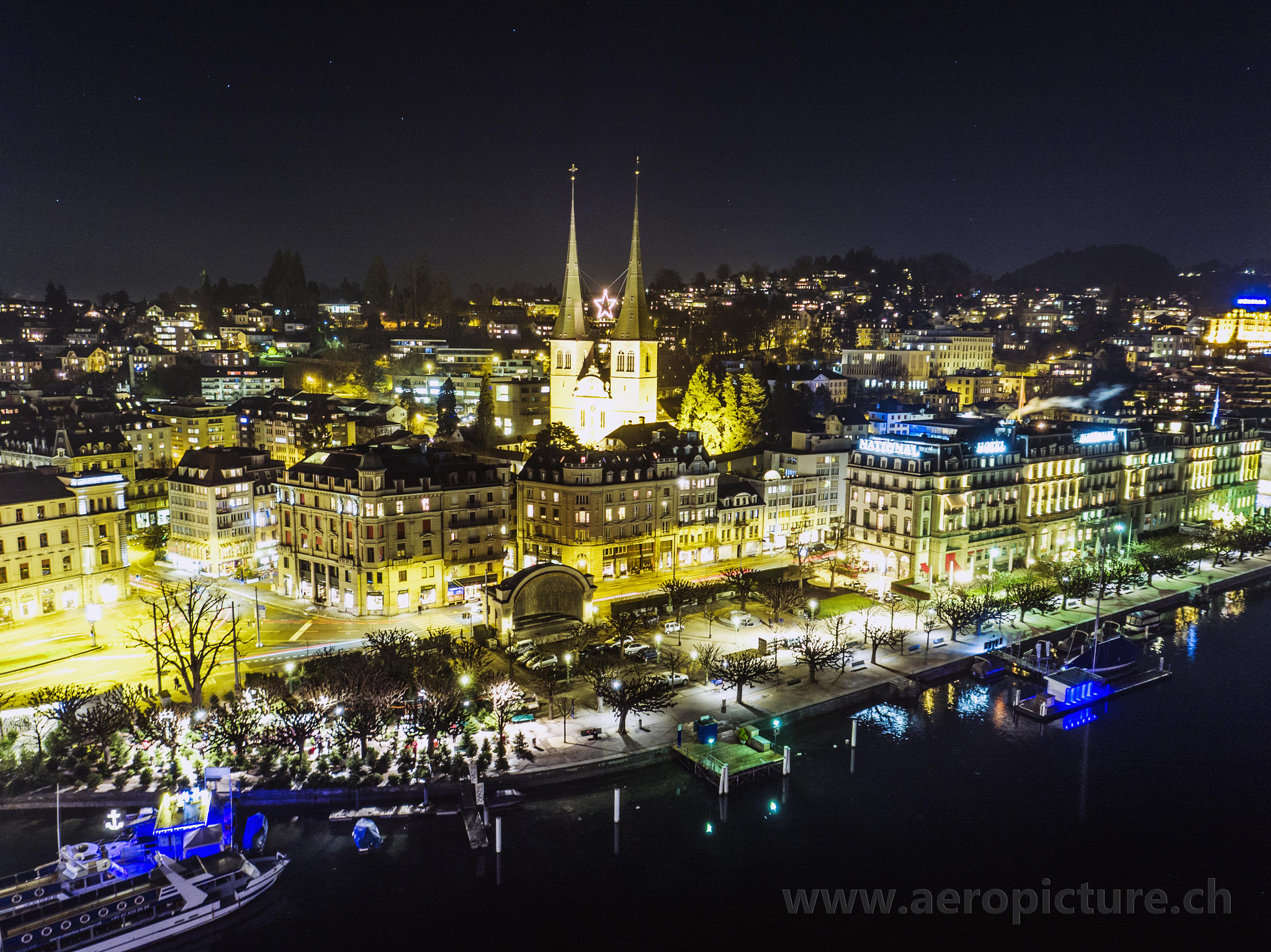 DJI FC550 + OLYMPUS M.12mm F2.0 sample photo. Luftaufnahme hofkirche weihnachtsbeleuchtung luzern photography