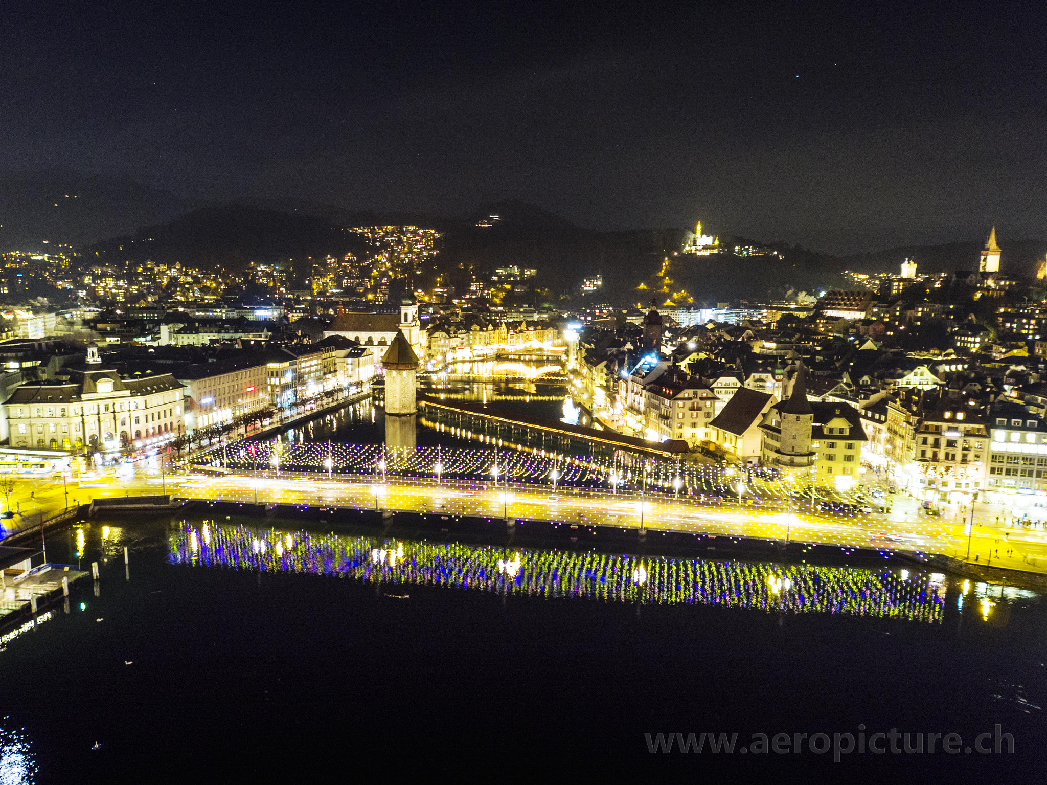 DJI FC550 + OLYMPUS M.12mm F2.0 sample photo. Christmas lights of lucerne, switzerland photography
