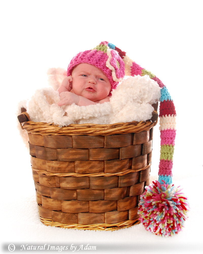 Nikon D40 sample photo. 5 weeks old in a knit cap and basket photography