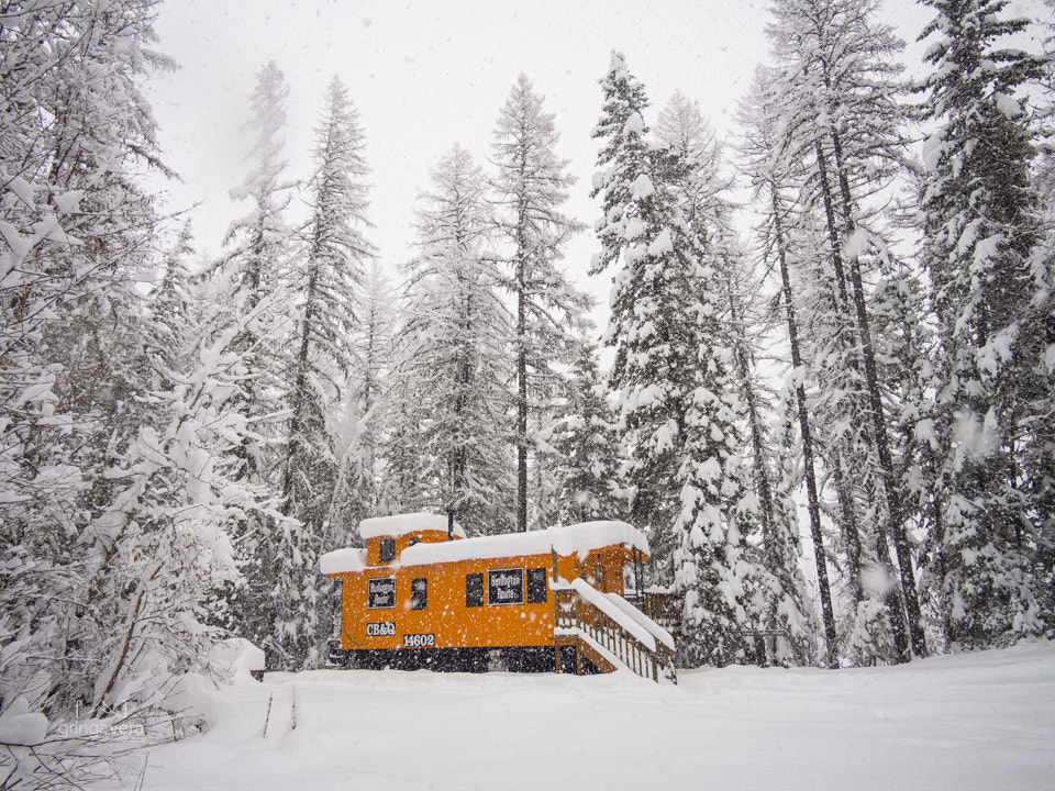 Olympus OM-D E-M5 + Panasonic Lumix G Vario 7-14mm F4 ASPH sample photo. The orange caboose in winter photography