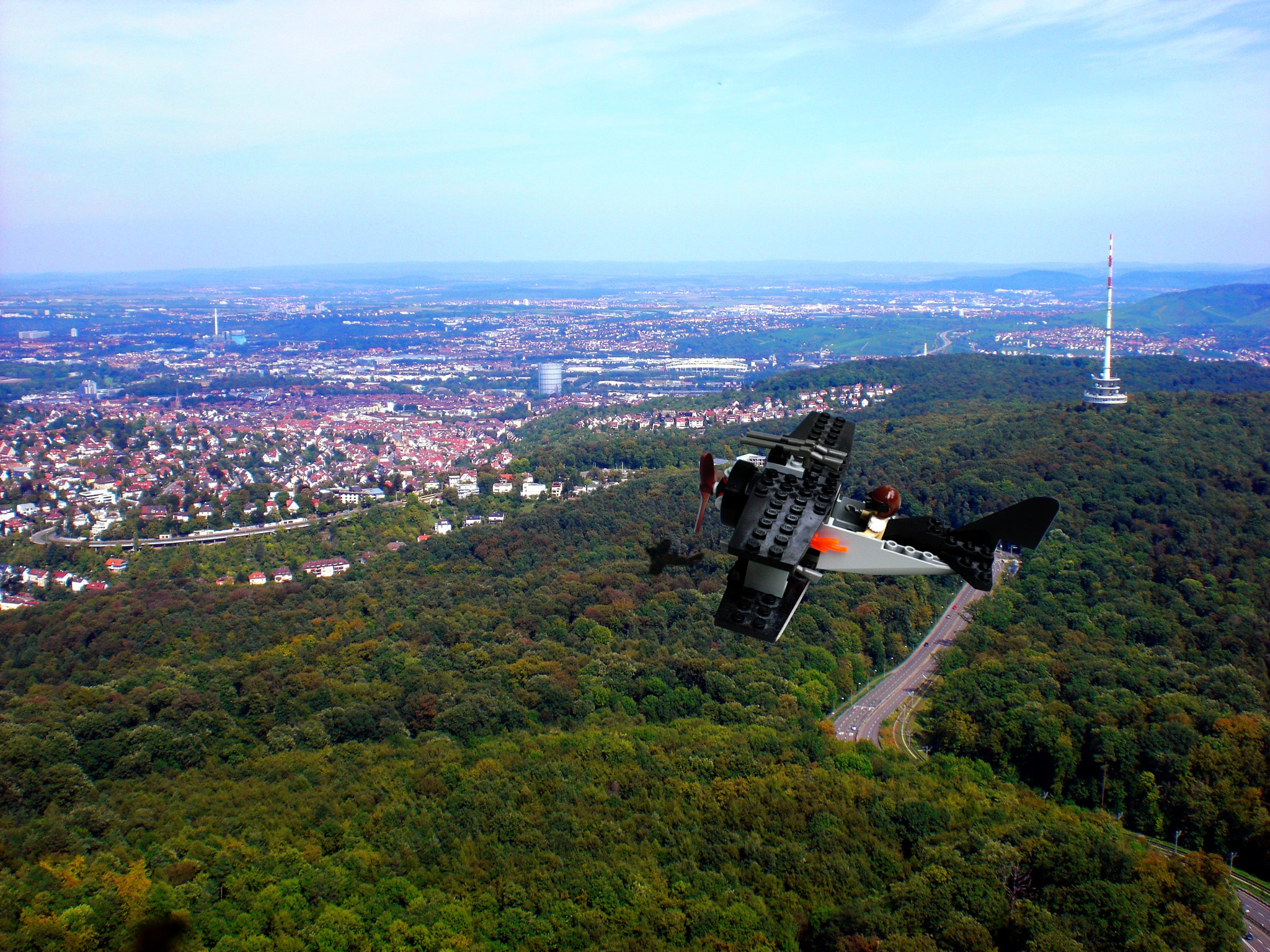 CASIO EX-Z80 sample photo. Lego plane over stuttgart photography