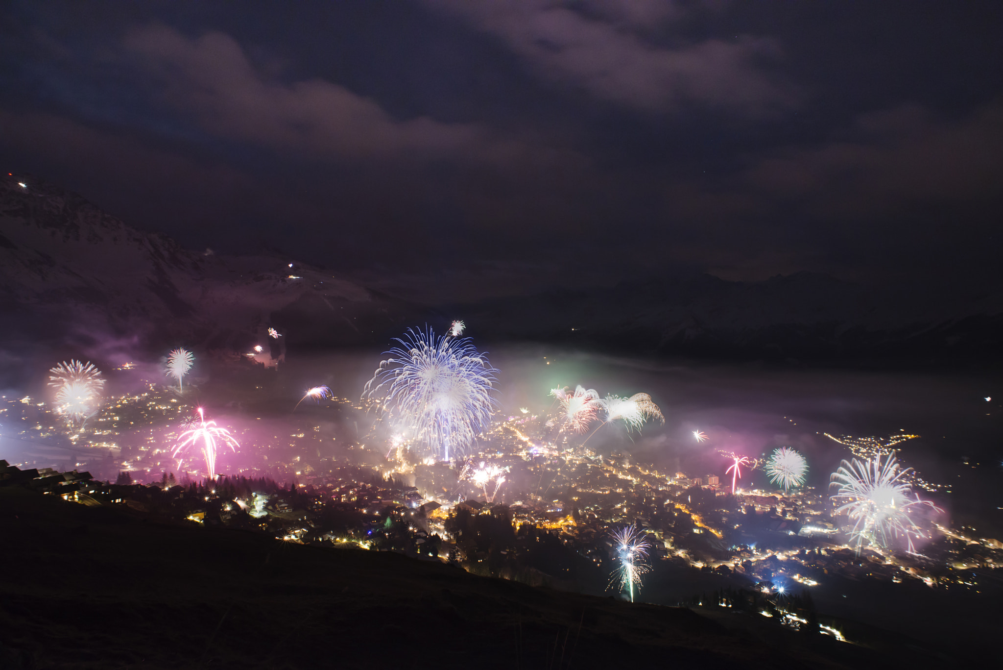 Nikon D610 + AF Nikkor 20mm f/2.8 sample photo. Verbier new year fireworks photography