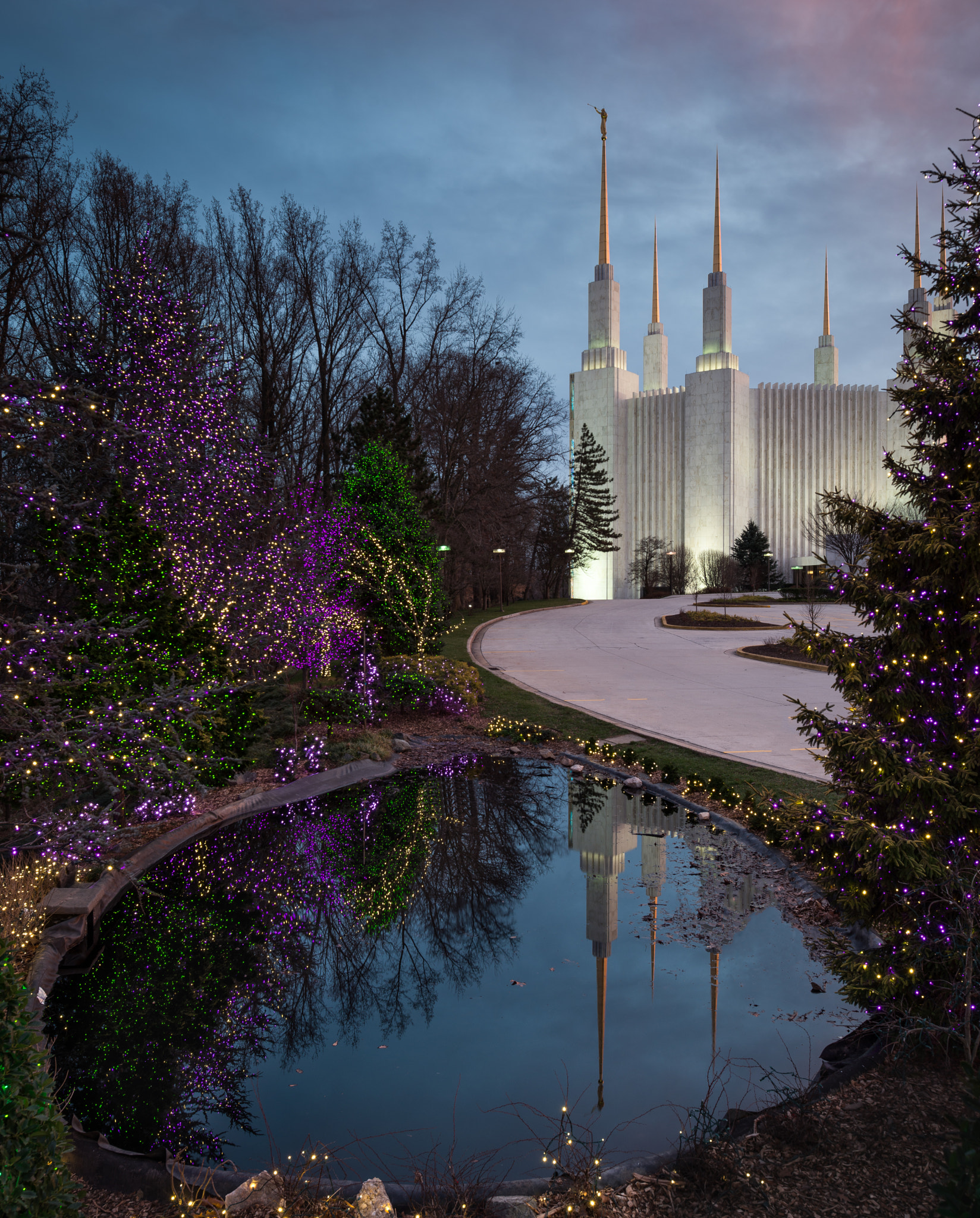 Nikon D800E + Nikon PC-E Nikkor 24mm F3.5D ED Tilt-Shift sample photo. Festival of lights reflecting pond washington dc mormon temple photography