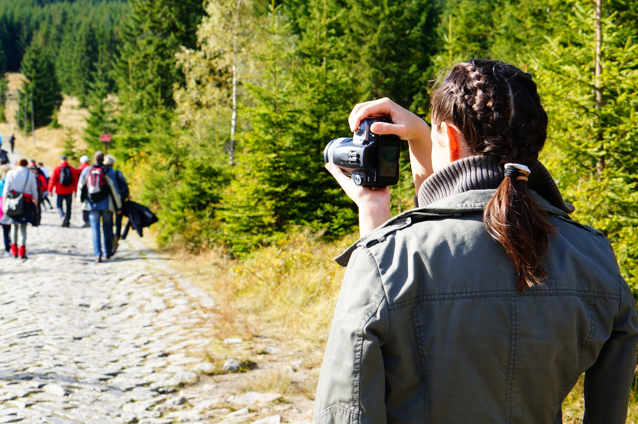 Sony Alpha NEX-6 + Sony E 50mm F1.8 OSS sample photo. Karpacz, poland - october 05, 2013: woman taking pictures at the mountain forests of karkonosze photography