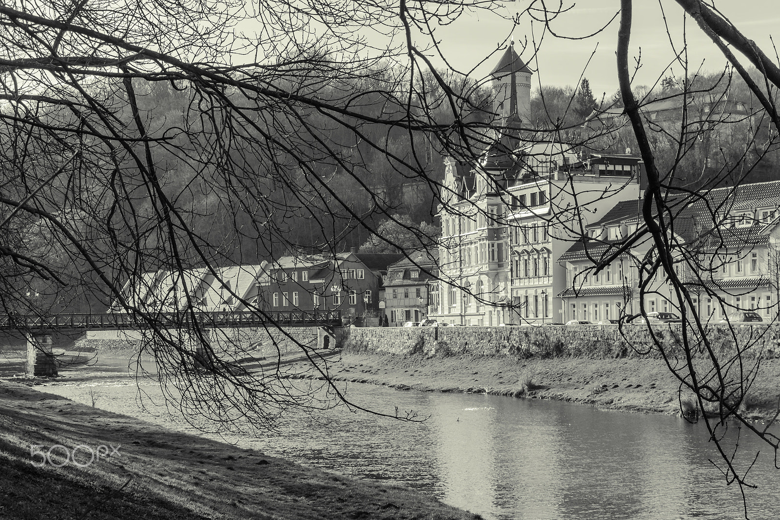 Sigma 18-250mm F3.5-6.3 DC OS HSM sample photo. Old houses on the river - black and white photography