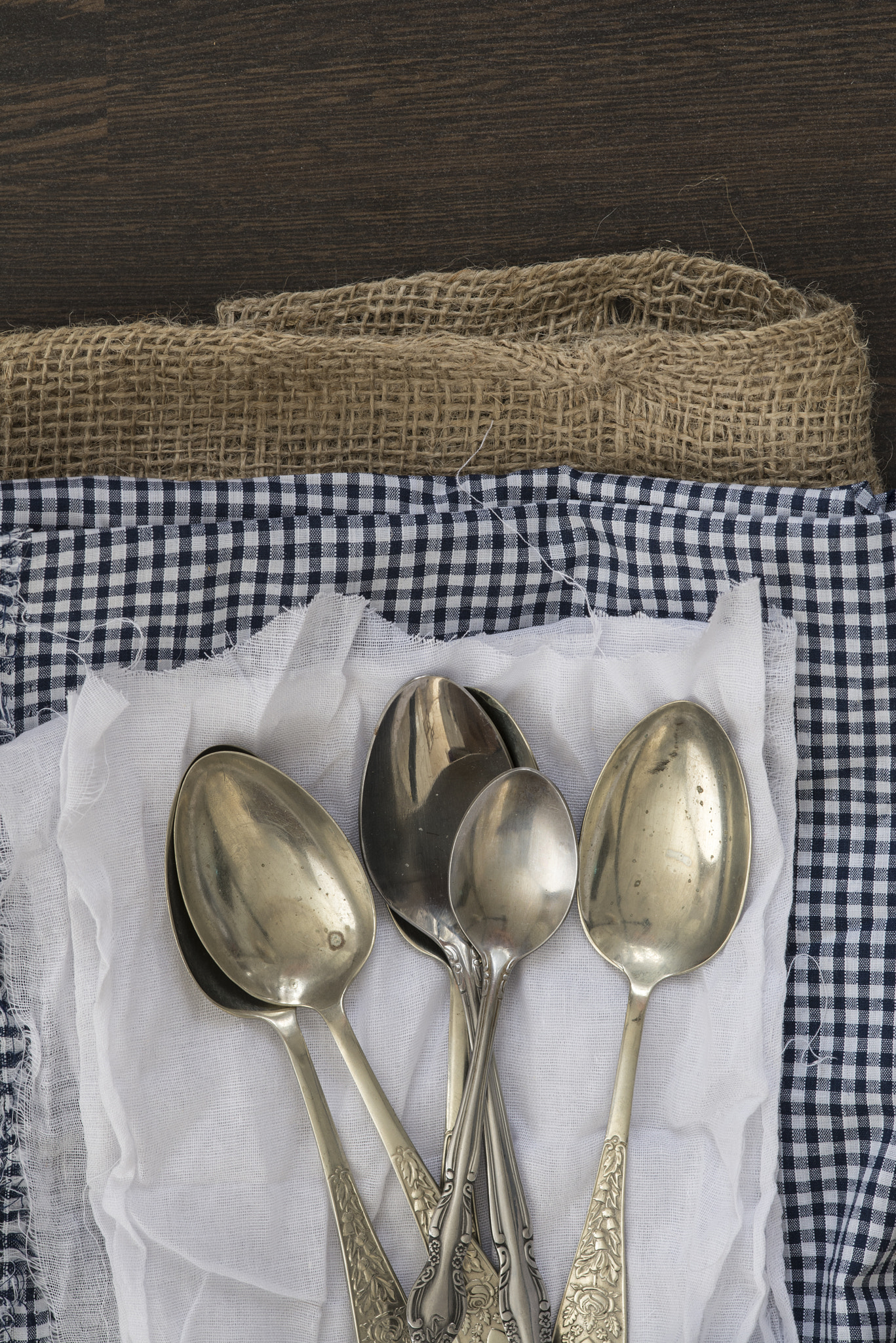 Nikon D600 + Sigma 105mm F2.8 EX DG Macro sample photo. Vintage cutlery on cloths on rustic wooden background photography
