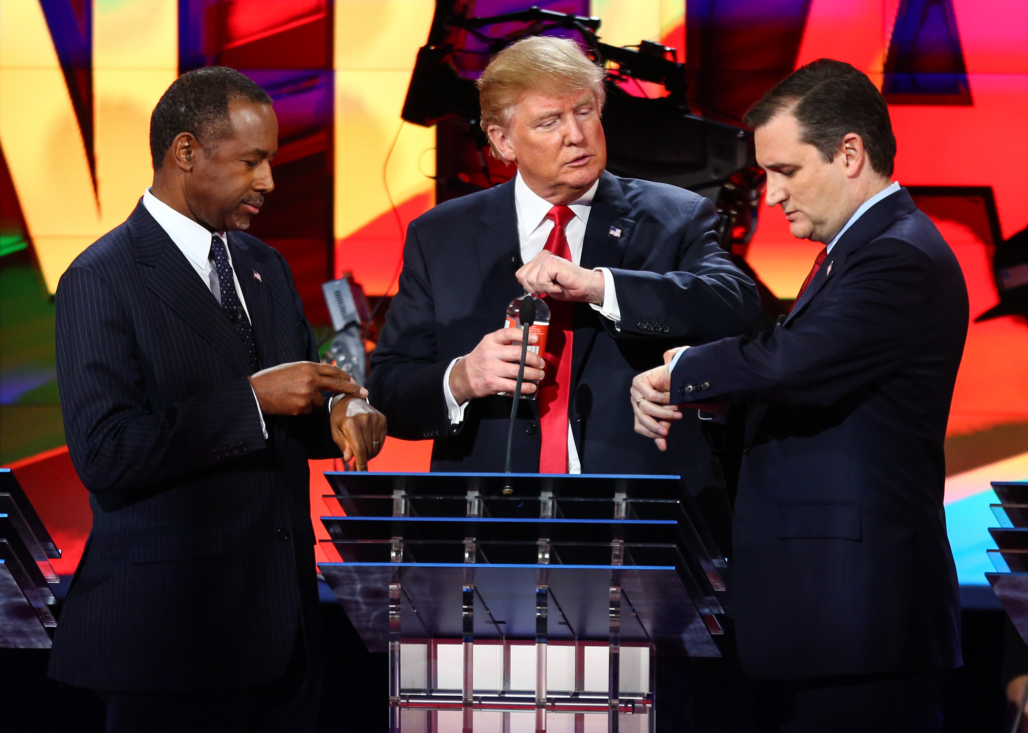 Canon EF 400mm F2.8L IS USM sample photo. Ben carson, from left, donald trump and ted cruz talk between a break during the cnn republican pres photography