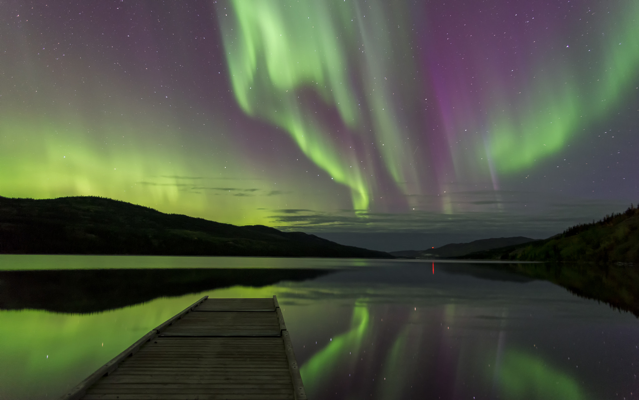 Sigma 24-70mm F2.8 EX DG HSM sample photo. Aurora in the yukon with dock and reflections photography
