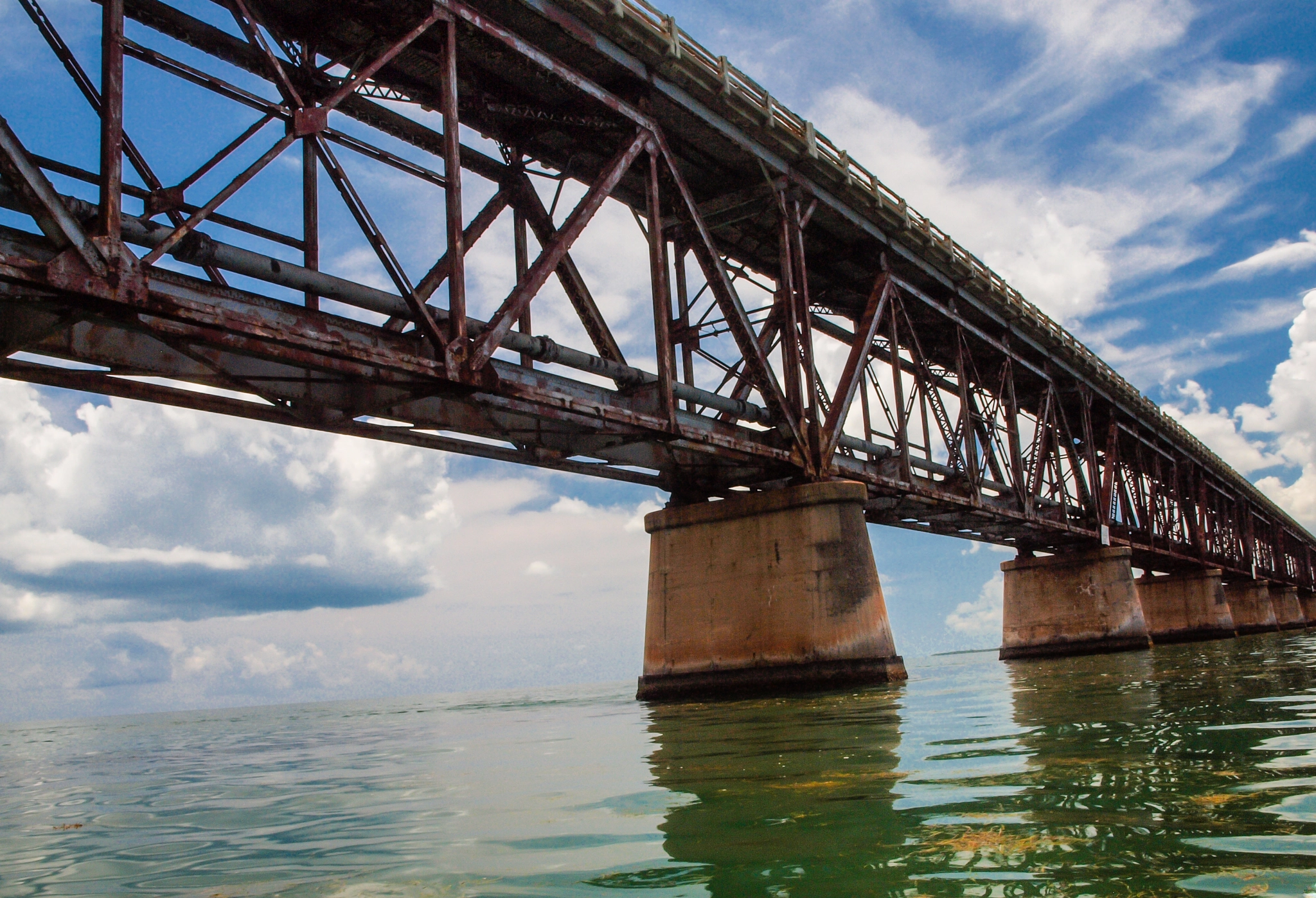 Olympus E-600 (EVOLT E-600) + OLYMPUS 14-42mm Lens sample photo. Old overseas highway bridge: kayak view photography