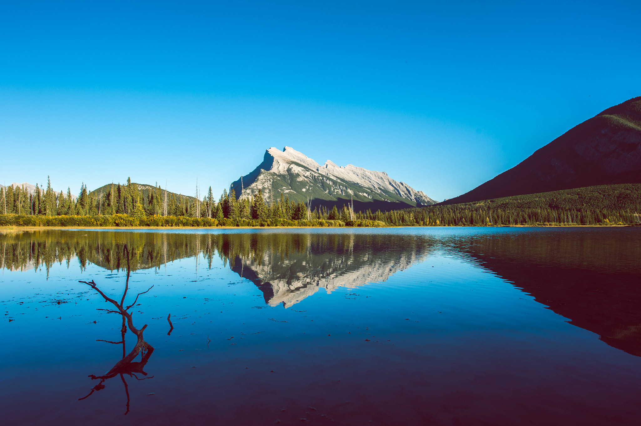 Nikon D700 + Nikon AF-S Nikkor 24mm F1.4G ED sample photo. Mount rundle reflected in vermilion lake photography