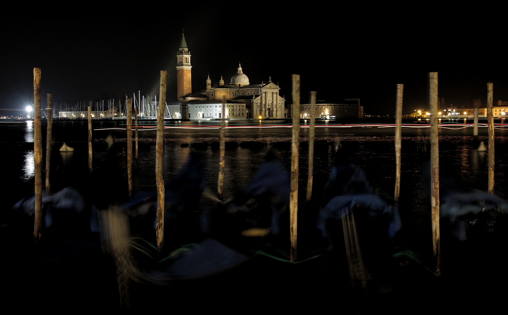 Canon 18-250mm sample photo. Gondolas and san giorgio in the dark, venice-italy photography