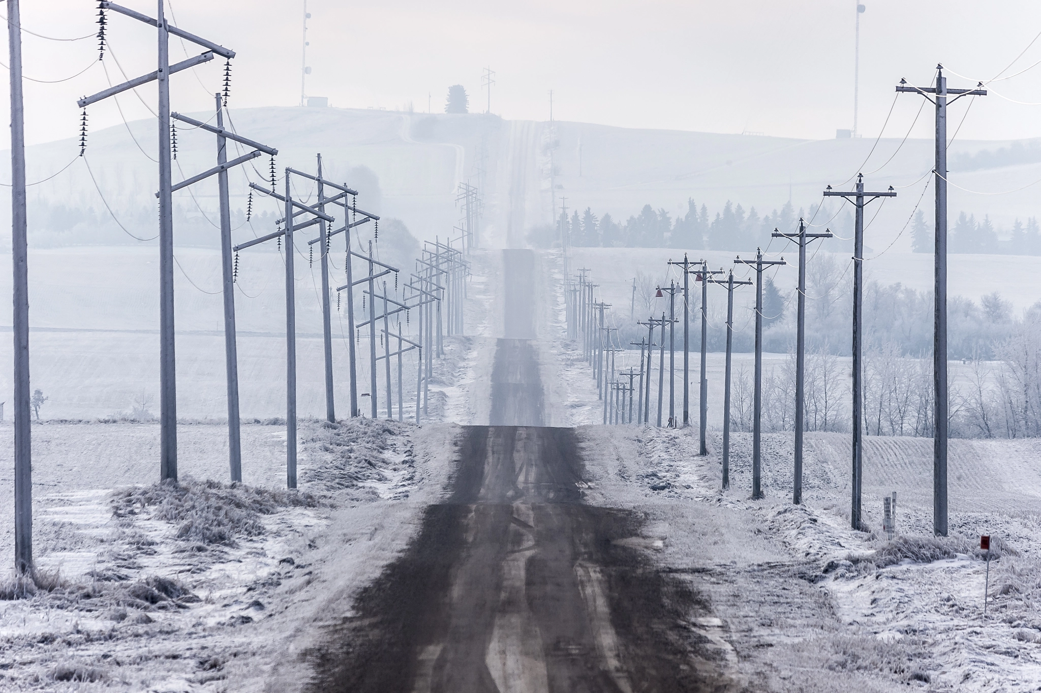 Sigma 150-500mm F5-6.3 DG OS HSM sample photo. Undulating road and power pole lines in hoar frost weather west of trochu alberta photography