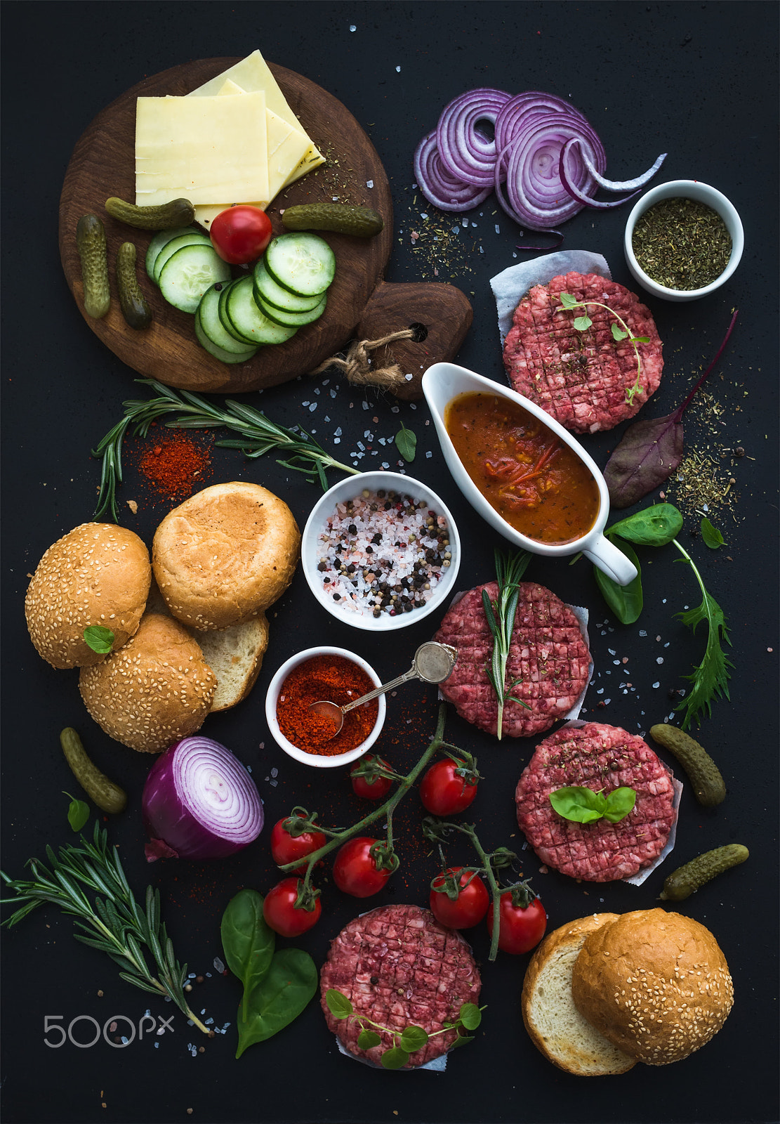 Nikon D610 + ZEISS Distagon T* 35mm F2 sample photo. Ingredients for cooking burgers. raw ground beef meat cutlets, buns, red onion, cherry tomatoes, gre photography