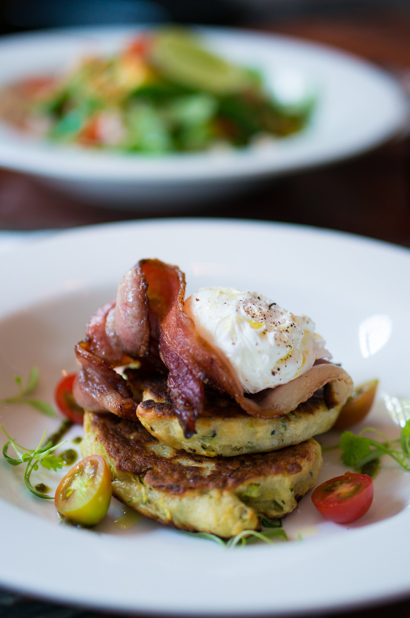 Sony Alpha NEX-5R + E 50mm F1.8 OSS sample photo. Corn fritters with bacon and poached egg & salad photography