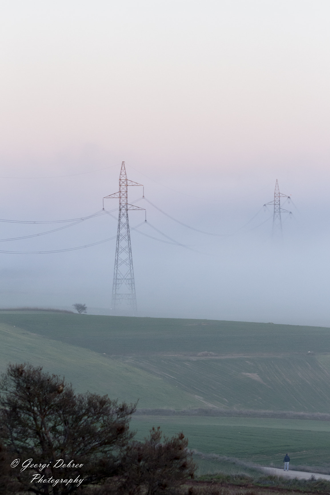 Sigma 70-300mm F4-5.6 APO DG Macro sample photo. Postes eléctricos entre la niebla y atardecer al unísono photography