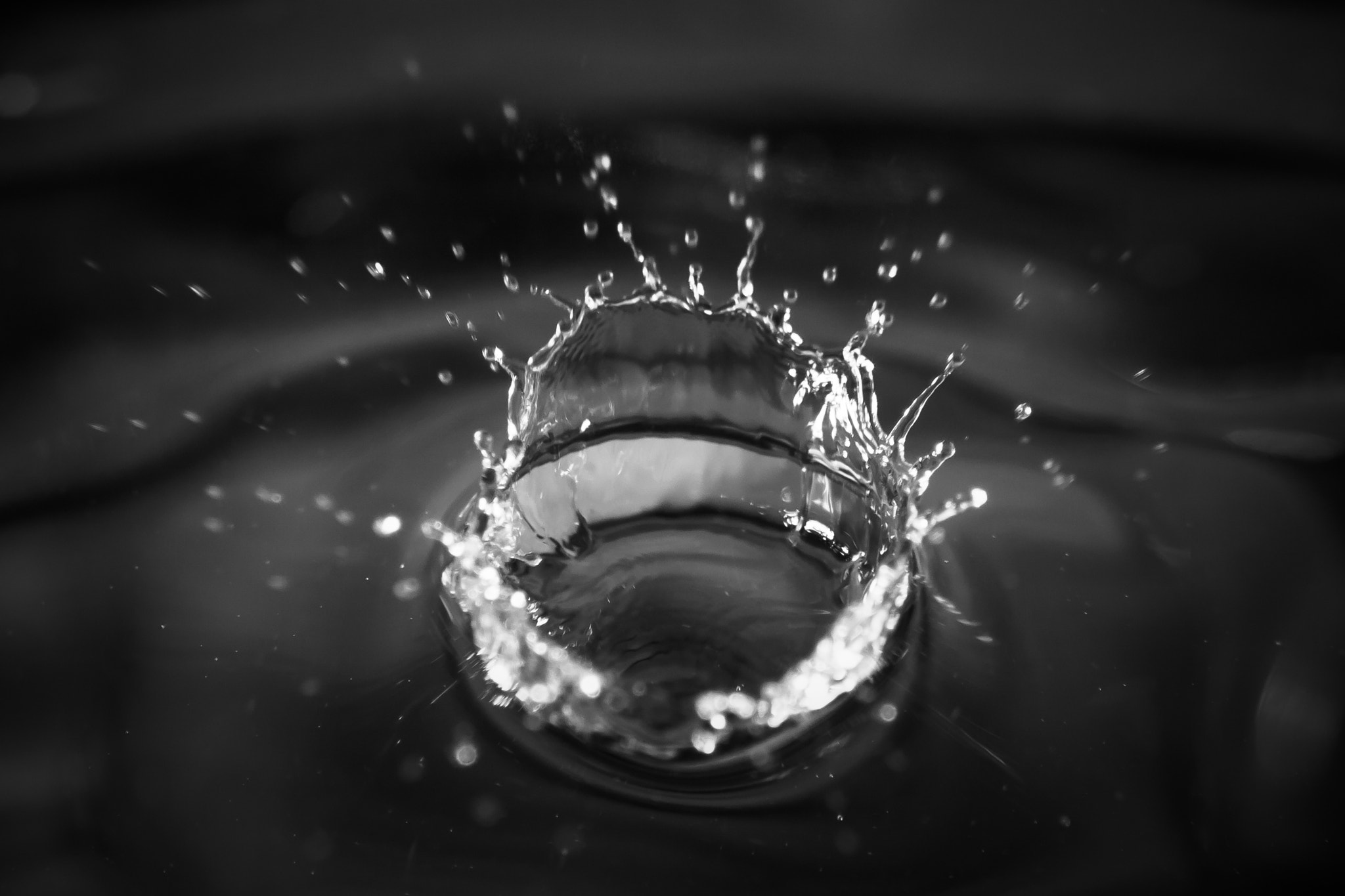 Sigma 70-300mm F4-5.6 APO DG Macro sample photo. B&w drop splash photography