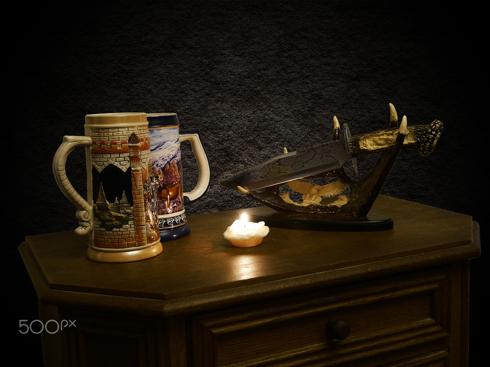 Panasonic Lumix DMC-G5 + LUMIX G VARIO PZ 14-42/F3.5-5.6 sample photo. Ceramic jars and anlace at canlde light photography