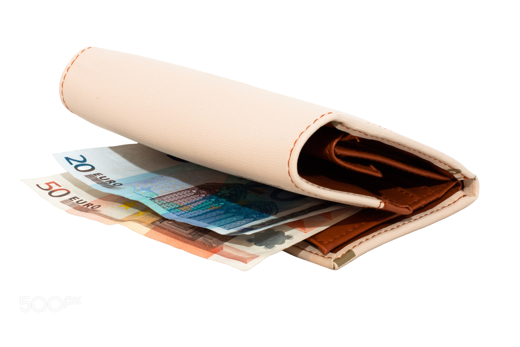 Wallet with monetary denominations on a white background