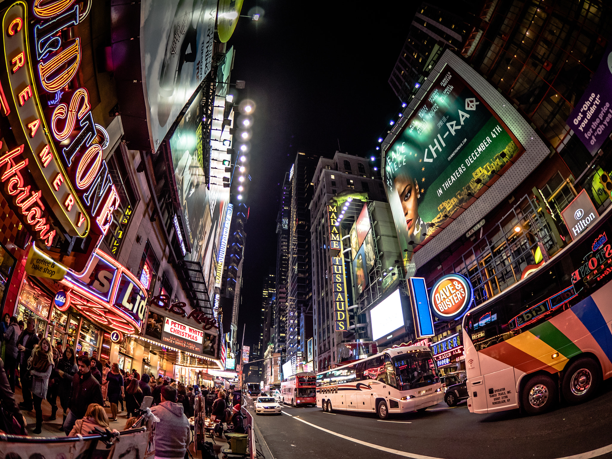 Olympus OM-D E-M1 + OLYMPUS M.8mm F1.8 sample photo. Nyc night fisheye photography
