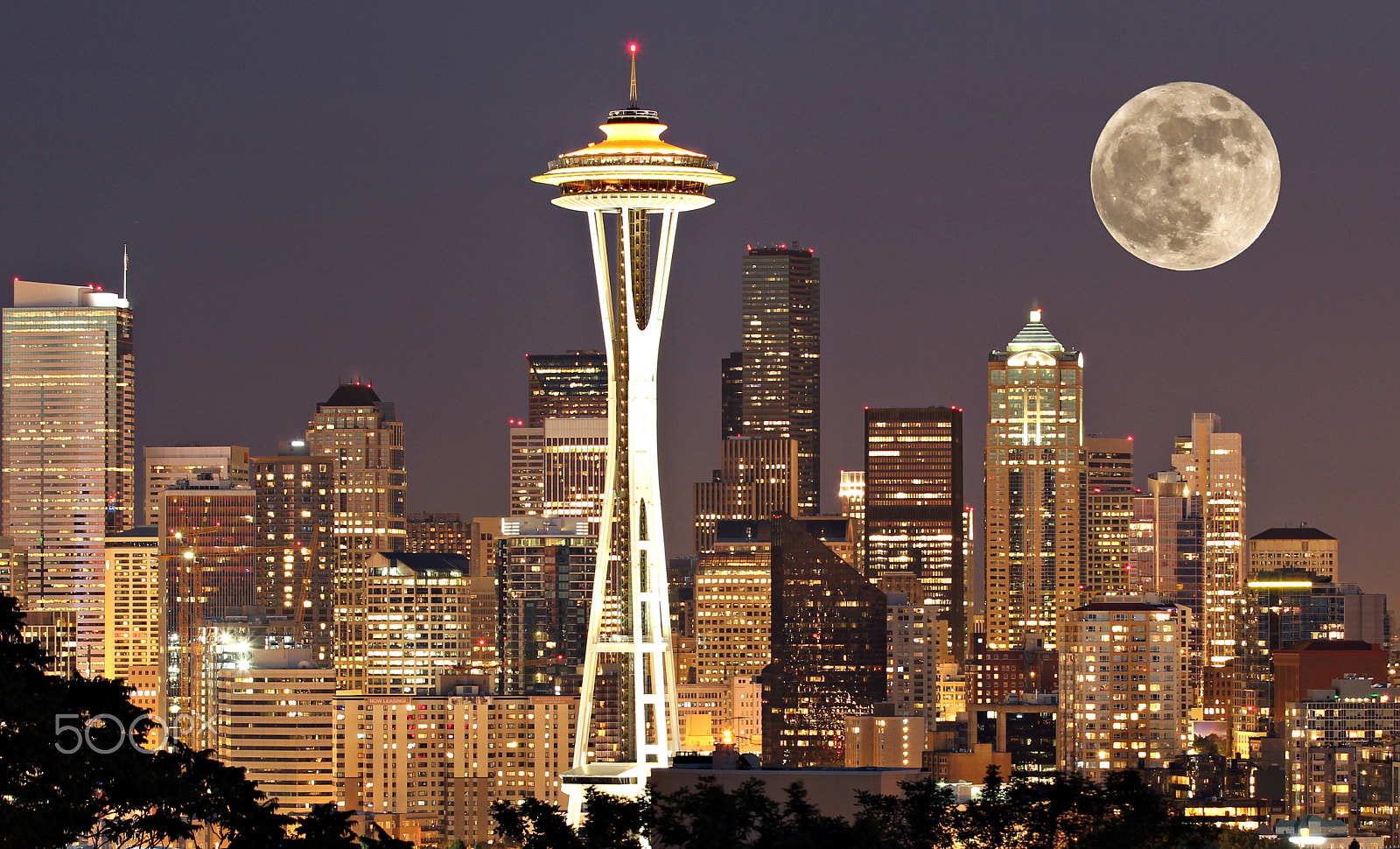 Canon EF 70-200mm F2.8L IS II USM sample photo. Seattle at night with moon photography