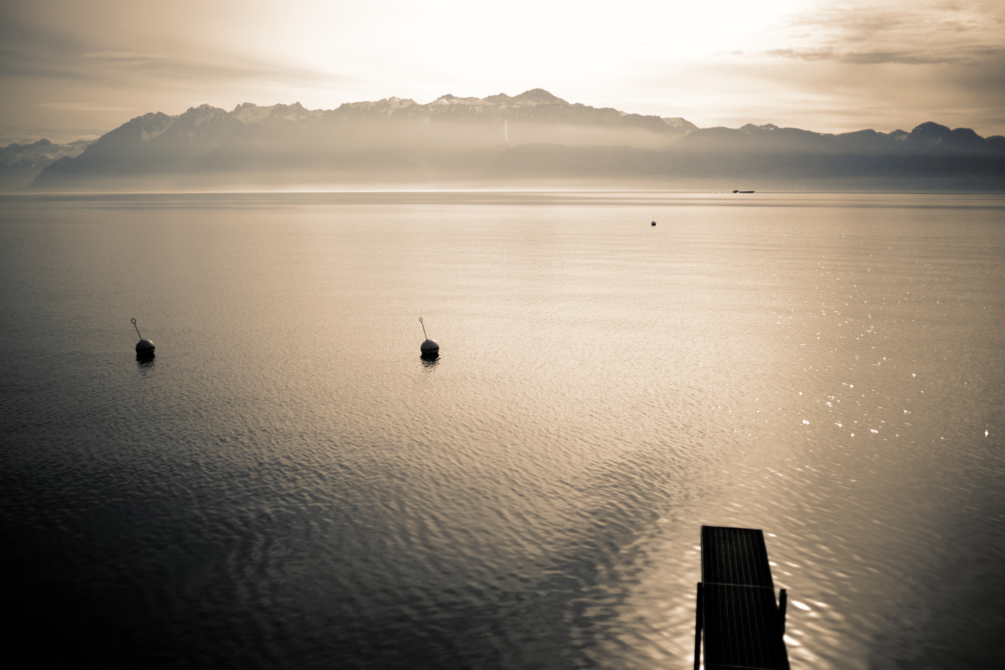 Sony a99 II + Sony 35mm F1.4 G sample photo. View on lake geneva, alps and evian from lausanne (2016-02-02, #8). toning sepia gold. photography