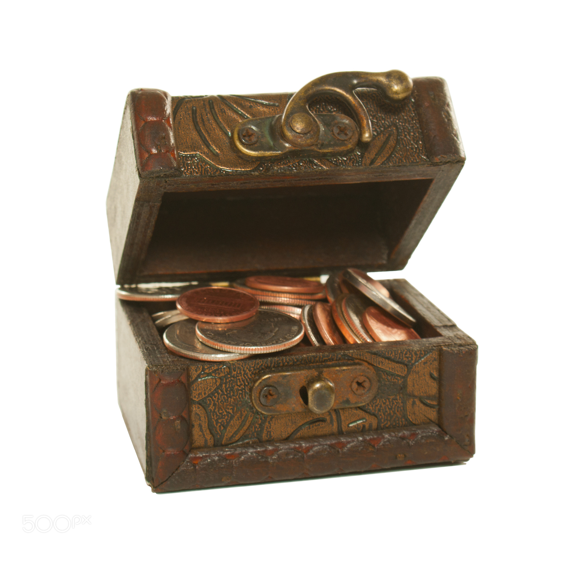 Brown box full of coins