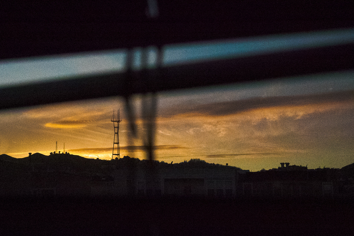 Panasonic Lumix DMC-GM5 sample photo. Sutro tower sunset through the blinds photography