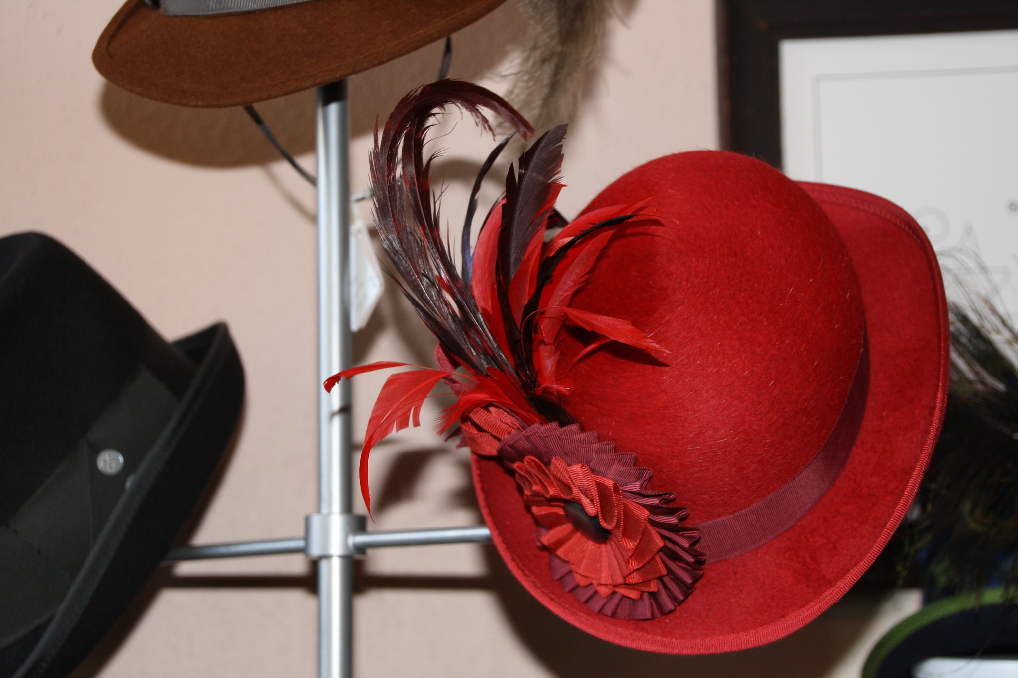 Canon EOS 1000D (EOS Digital Rebel XS / EOS Kiss F) sample photo. Red hat in a window photography