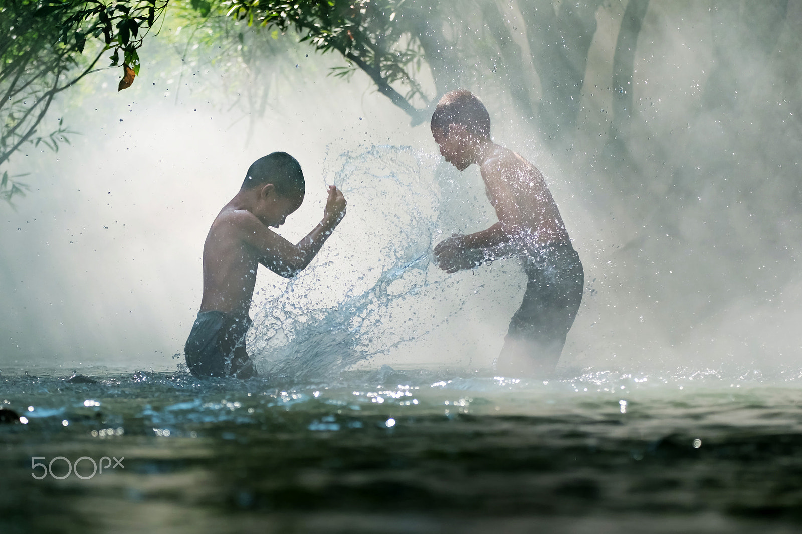 Fujifilm X-M1 + Fujifilm XF 55-200mm F3.5-4.8 R LM OIS sample photo. Boys having fun playing in waterfall photography