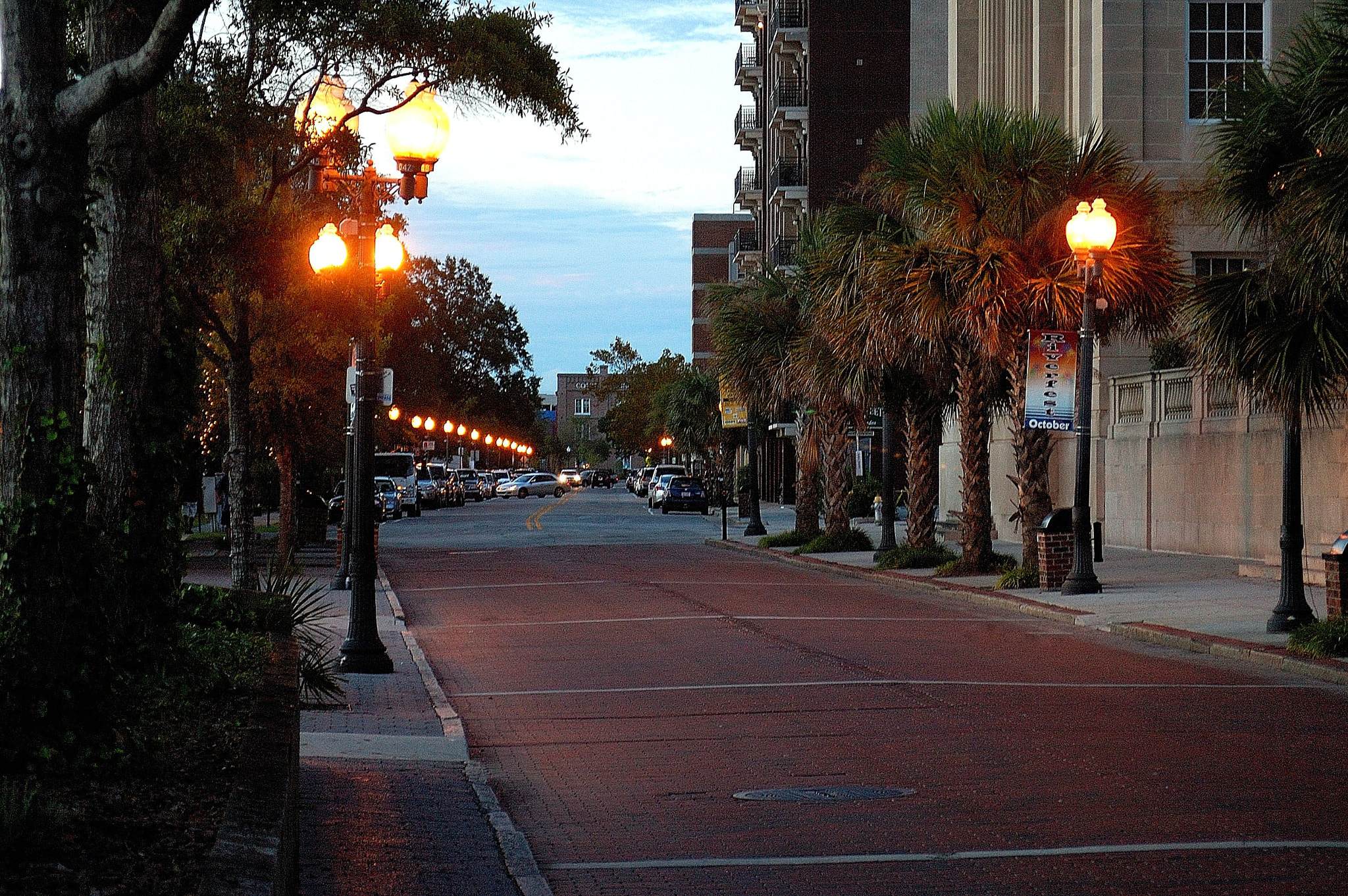 AF Zoom-Nikkor 28-80mm f/3.3-5.6G sample photo. Dusk of brick street lined with palm trees photography